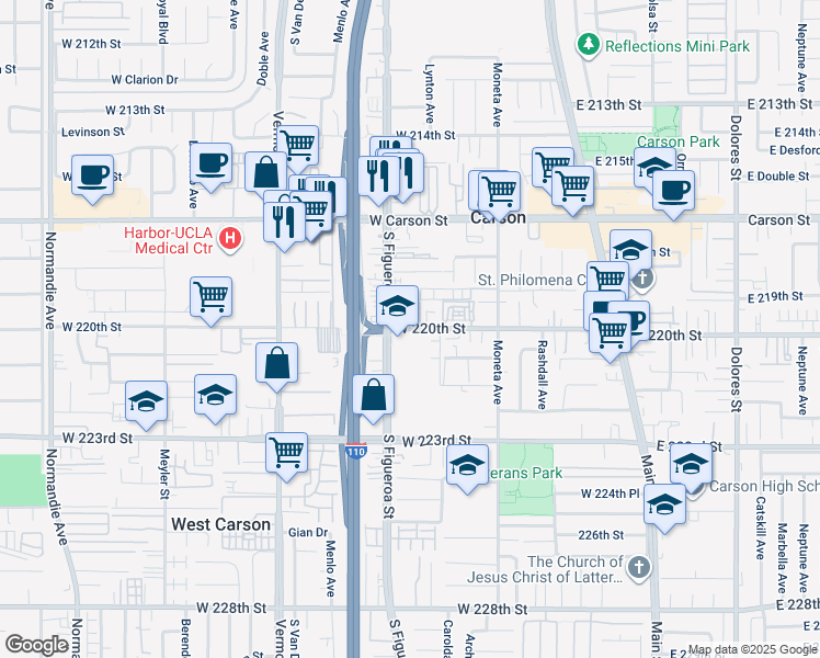 map of restaurants, bars, coffee shops, grocery stores, and more near in Carson
