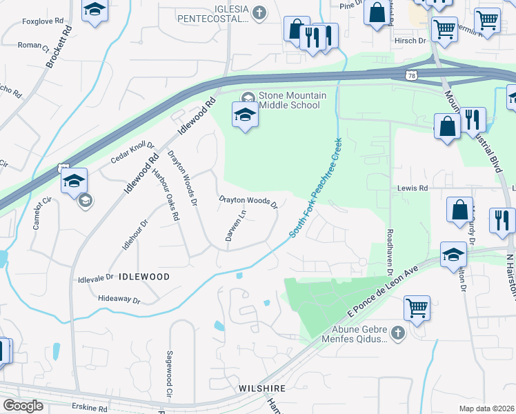 map of restaurants, bars, coffee shops, grocery stores, and more near 1353 Drayton Woods Drive in Tucker