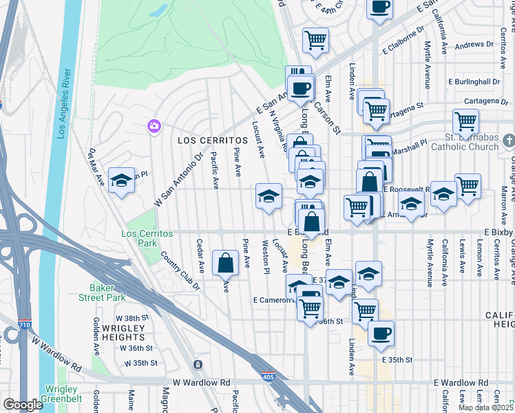 map of restaurants, bars, coffee shops, grocery stores, and more near 3835 Weston Place in Long Beach