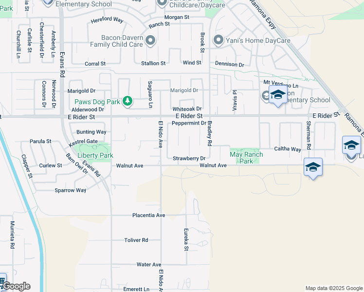 map of restaurants, bars, coffee shops, grocery stores, and more near 3039 Bearberry Court in Perris