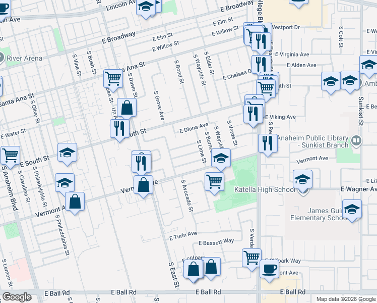 map of restaurants, bars, coffee shops, grocery stores, and more near 1285 East Florida Place in Anaheim