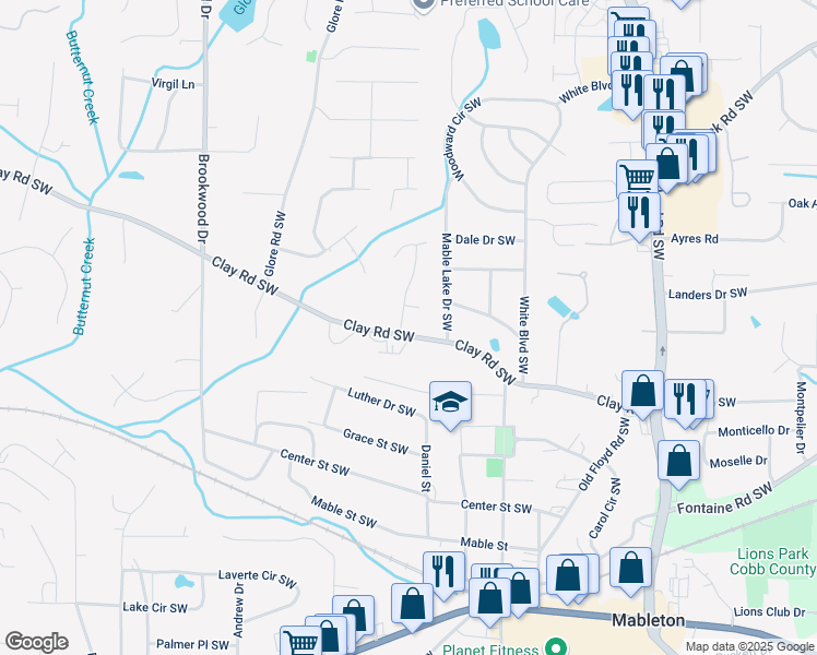 map of restaurants, bars, coffee shops, grocery stores, and more near 5161 Madison Green Drive Southwest in Mableton