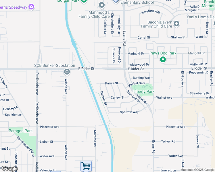 map of restaurants, bars, coffee shops, grocery stores, and more near 3127 Plover Way in Perris