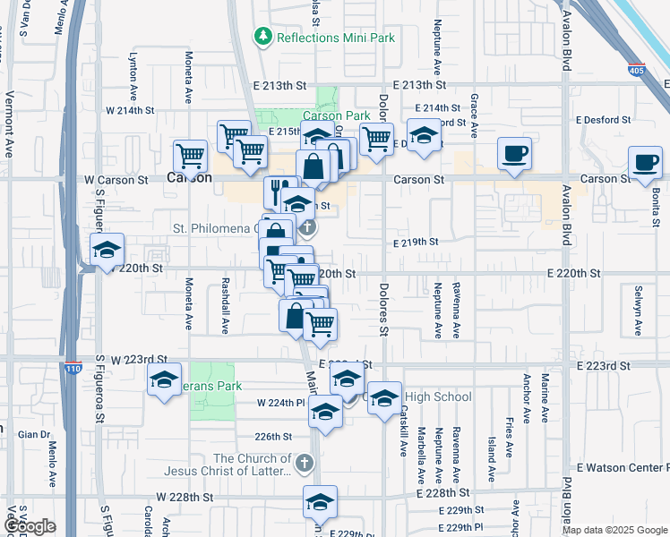 map of restaurants, bars, coffee shops, grocery stores, and more near 161 East 220th Street in Carson