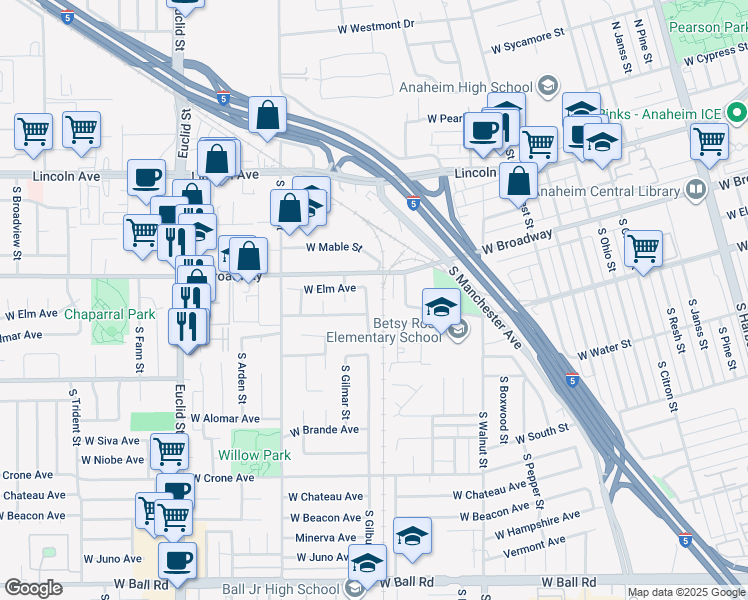 map of restaurants, bars, coffee shops, grocery stores, and more near 360 South Gilbuck Drive in Anaheim