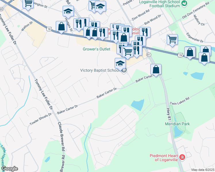 map of restaurants, bars, coffee shops, grocery stores, and more near 803 Board Walk Court in Loganville