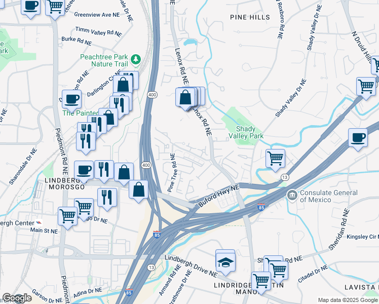 map of restaurants, bars, coffee shops, grocery stores, and more near 938 Canterbury Road Northeast in Atlanta