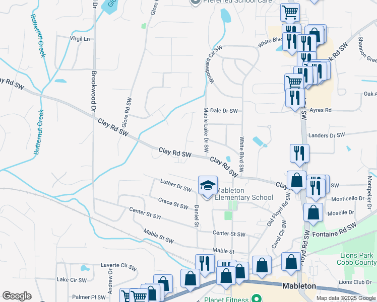 map of restaurants, bars, coffee shops, grocery stores, and more near 1048 Clay Road Southwest in Mableton