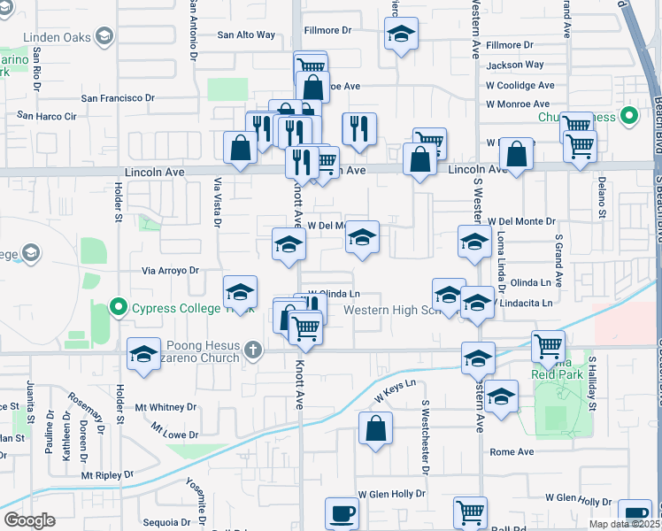 map of restaurants, bars, coffee shops, grocery stores, and more near 3419 West Danbrook Avenue in Anaheim