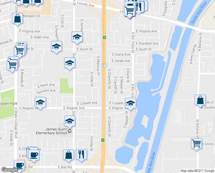 map of restaurants, bars, coffee shops, grocery stores, and more near 883 South Chantilly Street in Anaheim