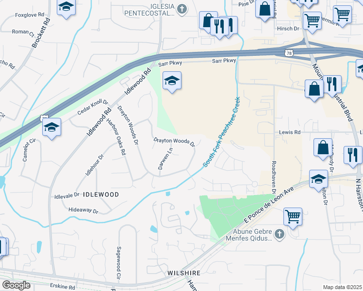 map of restaurants, bars, coffee shops, grocery stores, and more near 1353 Drayton Woods Dr in Tucker