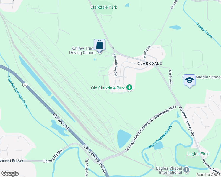 map of restaurants, bars, coffee shops, grocery stores, and more near 5190-A-B Newark Avenue Southwest in Powder Springs