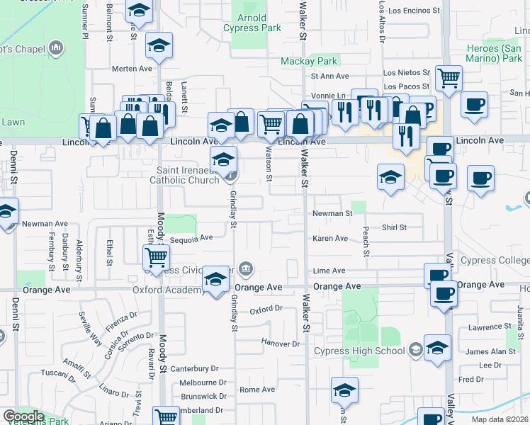 map of restaurants, bars, coffee shops, grocery stores, and more near 5338 Vista Del Mar in Cypress