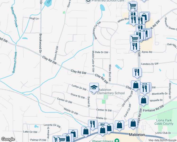 map of restaurants, bars, coffee shops, grocery stores, and more near 1048 Clay Road Southwest in Mableton