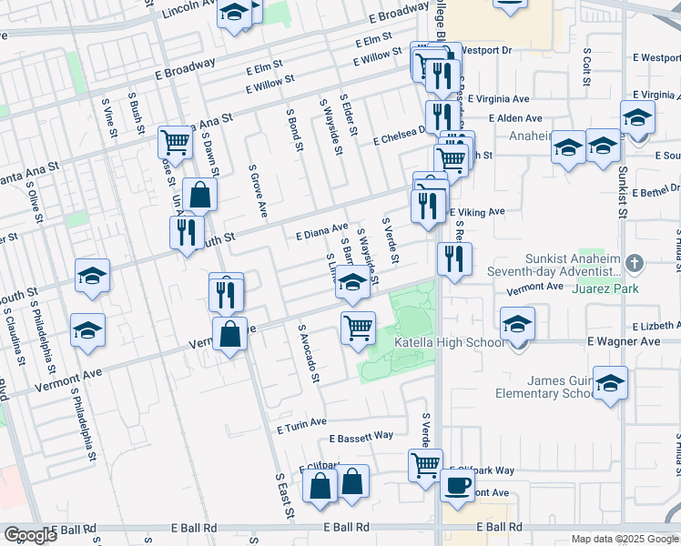 map of restaurants, bars, coffee shops, grocery stores, and more near 870 South Lime Street in Anaheim