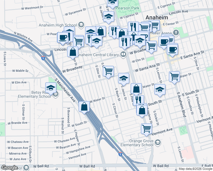 map of restaurants, bars, coffee shops, grocery stores, and more near 523 South Citron Street in Anaheim