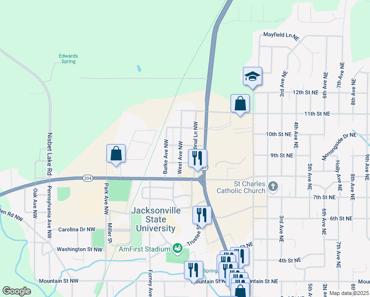 map of restaurants, bars, coffee shops, grocery stores, and more near 205 Skelton Street Northwest in Jacksonville