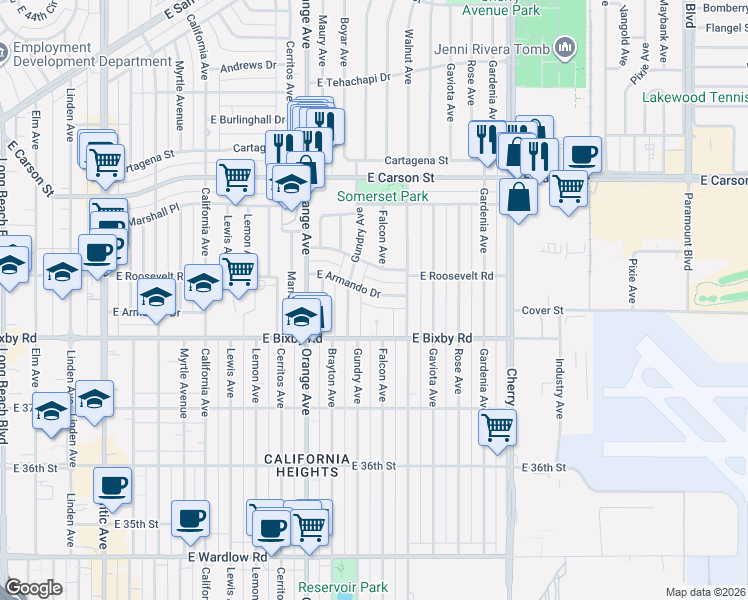 map of restaurants, bars, coffee shops, grocery stores, and more near 1450 East Armando Drive in Long Beach