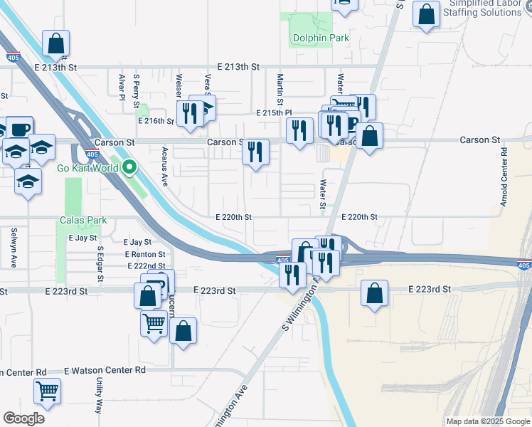 map of restaurants, bars, coffee shops, grocery stores, and more near 1539 East 220th Street in Carson