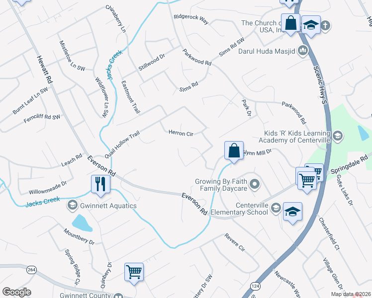 map of restaurants, bars, coffee shops, grocery stores, and more near 2802 Fenton Place in Snellville