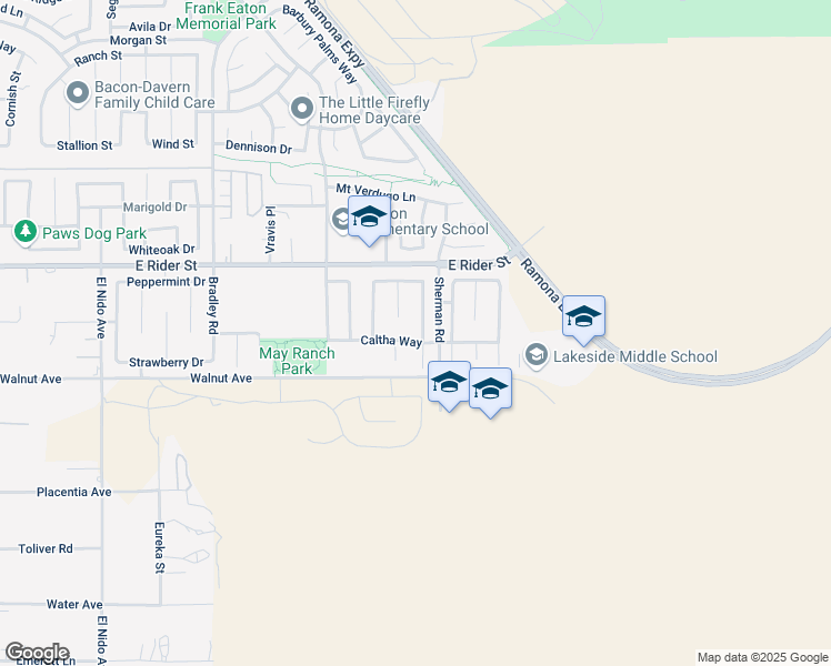 map of restaurants, bars, coffee shops, grocery stores, and more near 3040 Avishan Drive in Perris