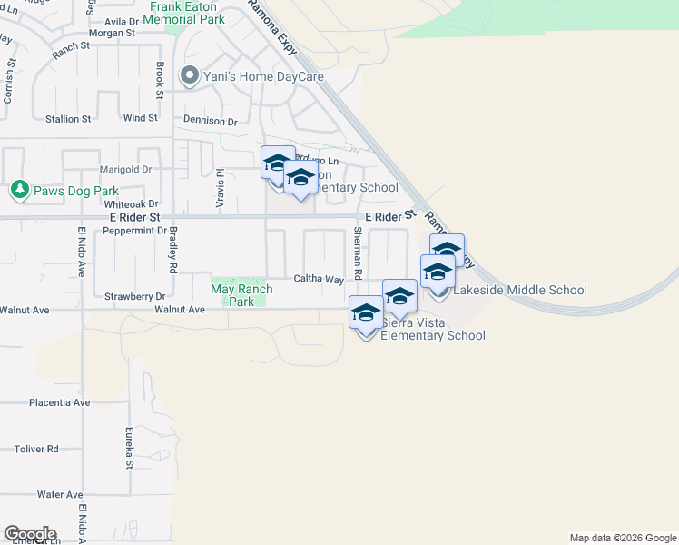 map of restaurants, bars, coffee shops, grocery stores, and more near 3040 Avishan Drive in Perris