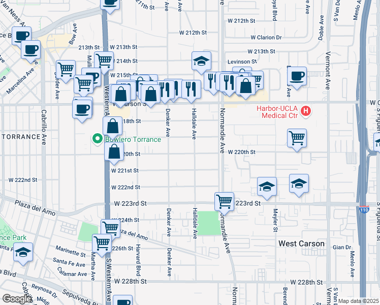 map of restaurants, bars, coffee shops, grocery stores, and more near 1409 West 220th Street in Torrance