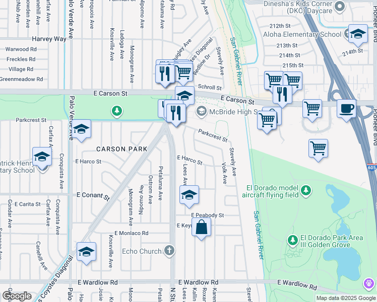 map of restaurants, bars, coffee shops, grocery stores, and more near 3910 Lees Avenue in Long Beach