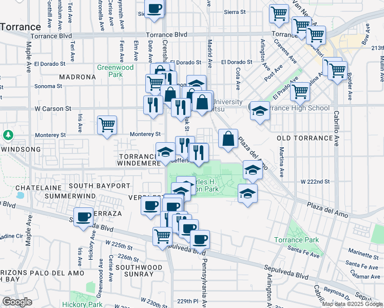map of restaurants, bars, coffee shops, grocery stores, and more near in Torrance