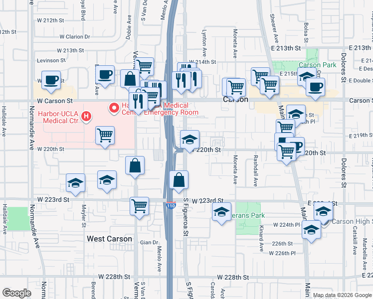 map of restaurants, bars, coffee shops, grocery stores, and more near 22000 South Figueroa Street in Carson