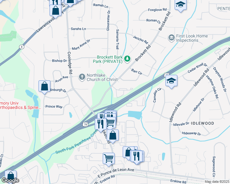 map of restaurants, bars, coffee shops, grocery stores, and more near 3847 Cedar Circle in Tucker