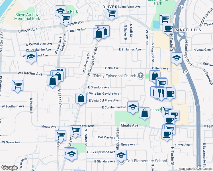 map of restaurants, bars, coffee shops, grocery stores, and more near 2373 North Waterberry Street in Orange