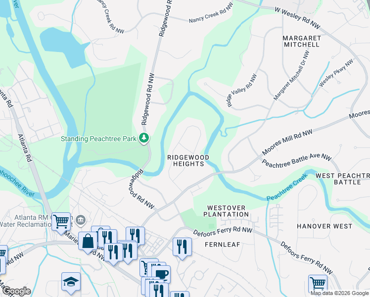 map of restaurants, bars, coffee shops, grocery stores, and more near Ridgemore Place Northwest in Atlanta