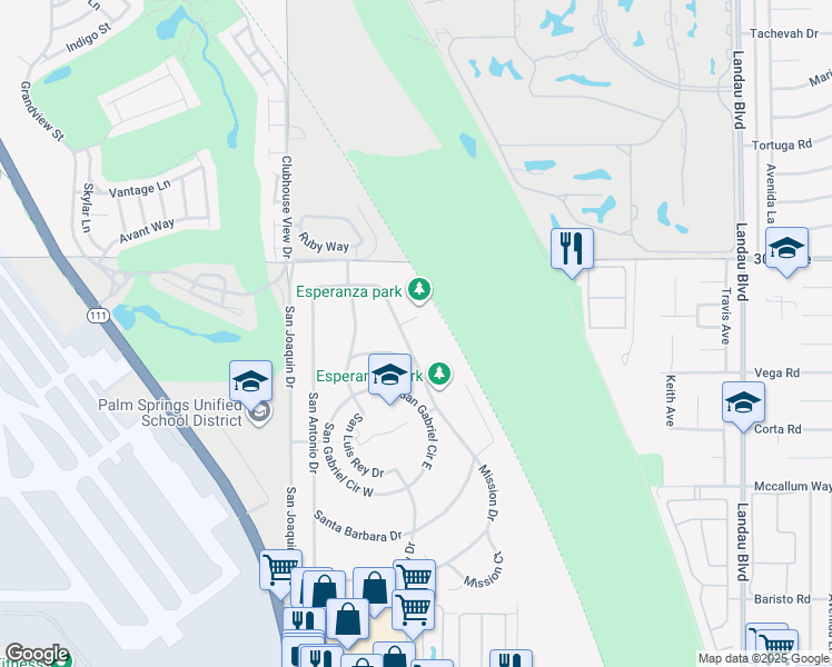 map of restaurants, bars, coffee shops, grocery stores, and more near 30340 San Diego Drive in Cathedral City