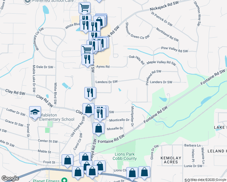 map of restaurants, bars, coffee shops, grocery stores, and more near 661 Barnes Drive in Mableton