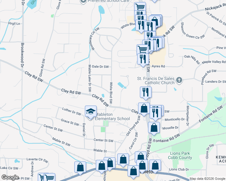 map of restaurants, bars, coffee shops, grocery stores, and more near 5157 White Boulevard Southwest in Mableton
