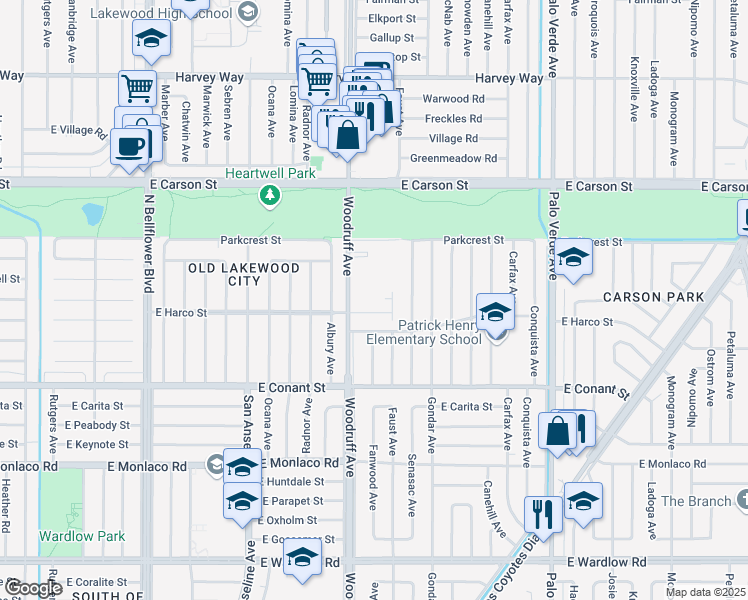 map of restaurants, bars, coffee shops, grocery stores, and more near 5921 Cypress Point Avenue in Long Beach