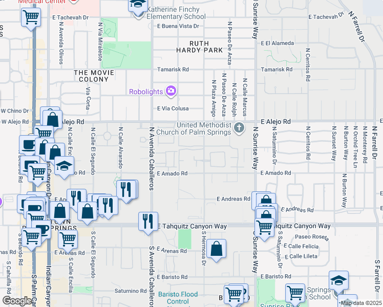 map of restaurants, bars, coffee shops, grocery stores, and more near 1500 East Amado Road in Palm Springs