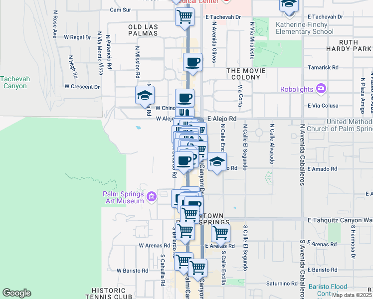 map of restaurants, bars, coffee shops, grocery stores, and more near 369 North Palm Canyon Drive in Palm Springs