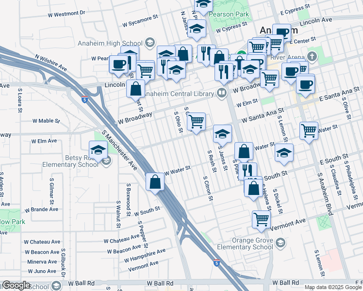 map of restaurants, bars, coffee shops, grocery stores, and more near 518 South Ohio Street in Anaheim
