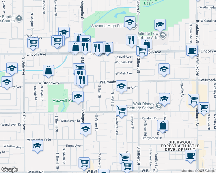 map of restaurants, bars, coffee shops, grocery stores, and more near 316 South Beachy Place in Anaheim