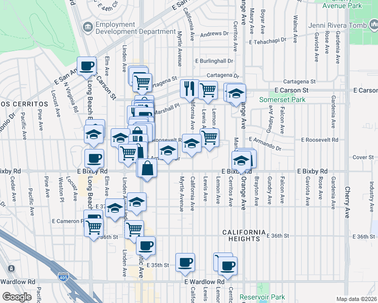 map of restaurants, bars, coffee shops, grocery stores, and more near 3846 California Avenue in Long Beach