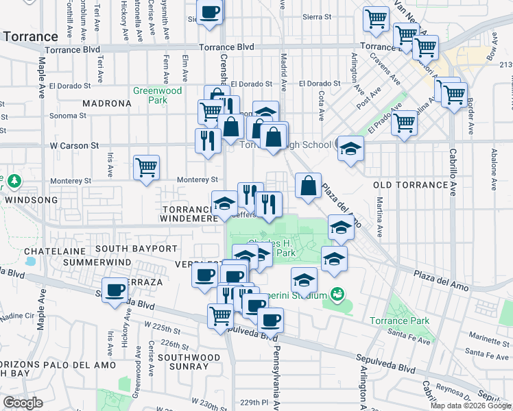 map of restaurants, bars, coffee shops, grocery stores, and more near 2349 Jefferson Street in Torrance
