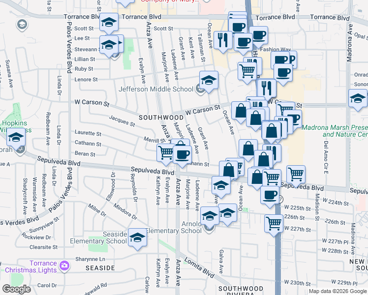 map of restaurants, bars, coffee shops, grocery stores, and more near 22014 Marjorie Avenue in Torrance