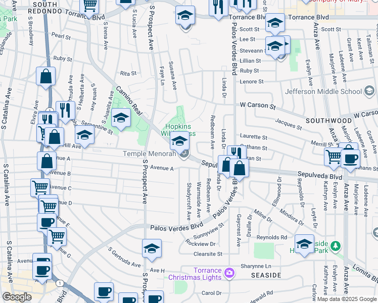 map of restaurants, bars, coffee shops, grocery stores, and more near 5522 Beran Street in Torrance