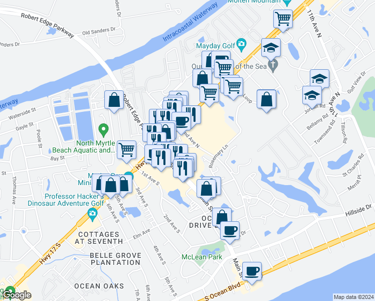 map of restaurants, bars, coffee shops, grocery stores, and more near 100 Ye Olde Kings Highway in North Myrtle Beach