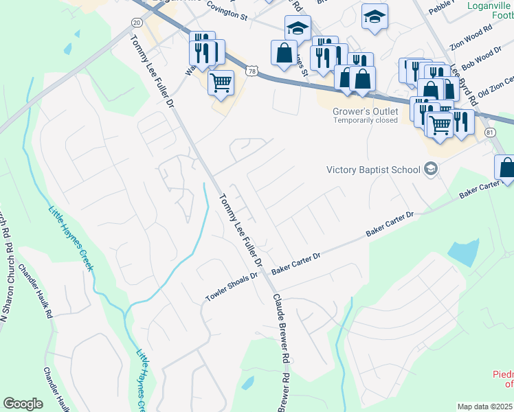 map of restaurants, bars, coffee shops, grocery stores, and more near 1221 Saint James Place in Loganville