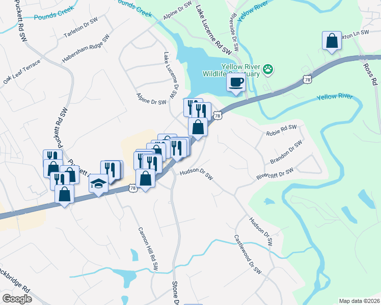 map of restaurants, bars, coffee shops, grocery stores, and more near 4776 Gresham Circle in Lilburn