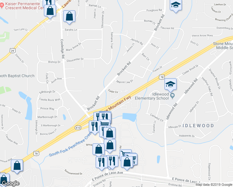 map of restaurants, bars, coffee shops, grocery stores, and more near 3945 Cedar Circle in Tucker