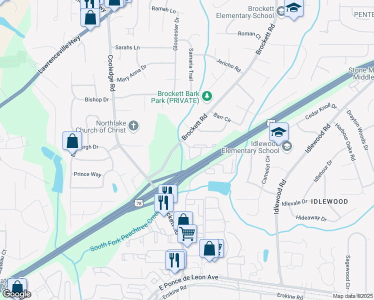 map of restaurants, bars, coffee shops, grocery stores, and more near 3851 Cedar Circle in Tucker